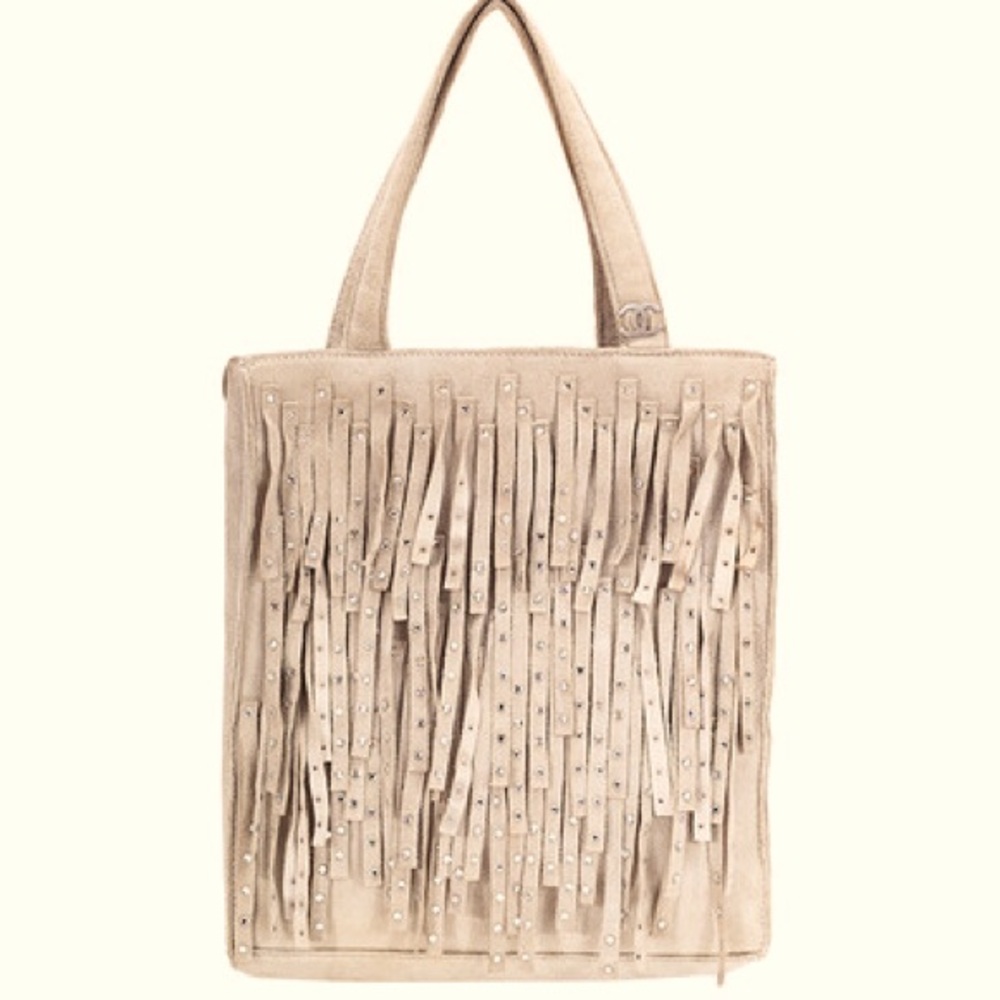 Chanel crystal mini fringe beige creamleather tote bag handbag